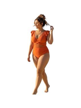 YUISEAIK Orange Cutout One Piece Swimsuit XXL Ruffle Shoulder Tummy Control